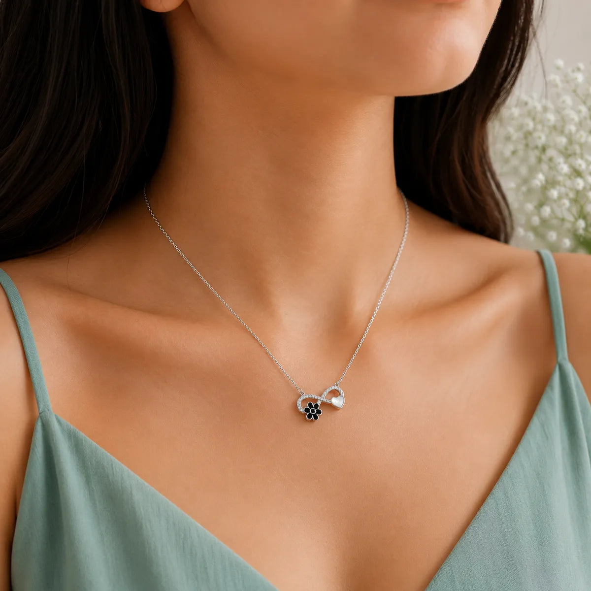 Sterling Silver Asymmetrical Floral Infinity Necklace - made with 925 Silver